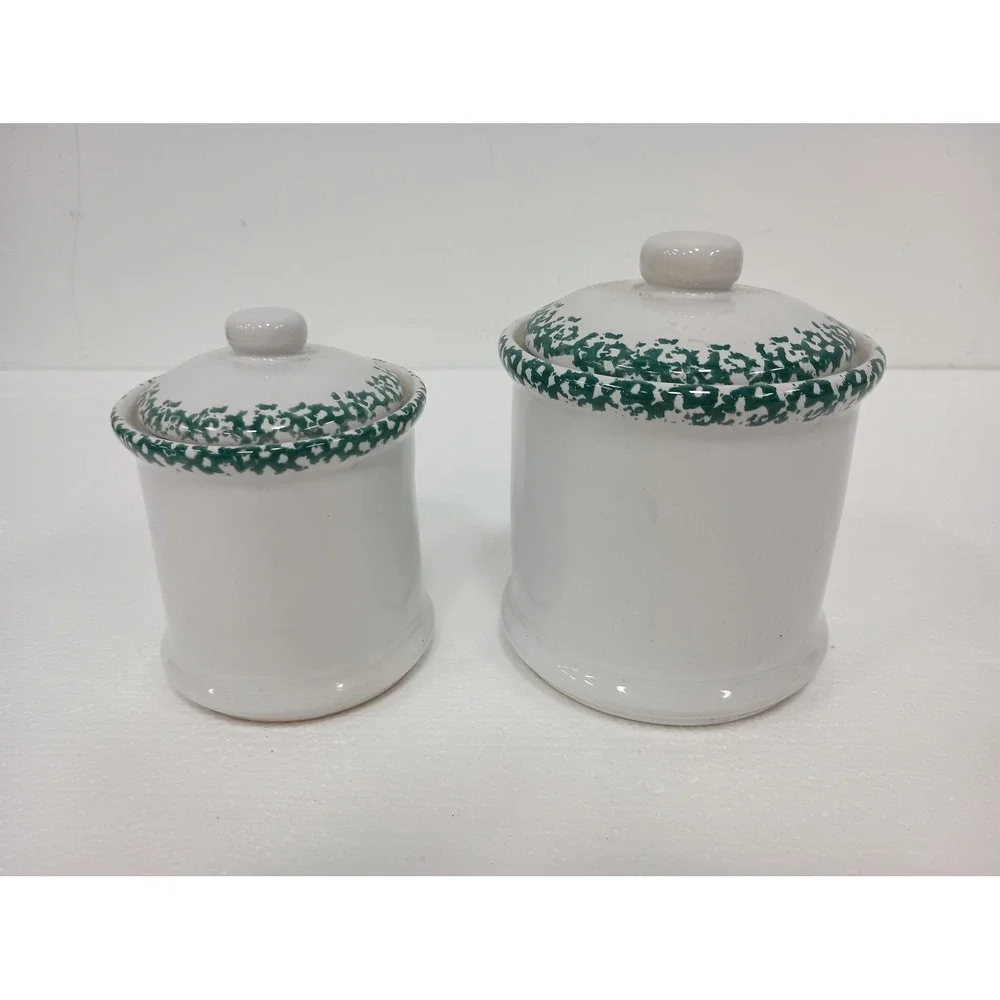 Vintage Canister Set of 2 White Green Heart Sponge Print Coutry Cottage Kitchen